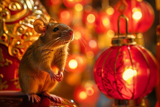 Cute brown rat posing near red lanterns and bokeh lights celebrating lunar new year