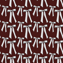 Seamless pattern with white bows,ribbons on a dark red background. Perfect for holiday decor, gift wrap, fabric, or festive designs. Elegant, classic, and cheerful style for seasonal projects