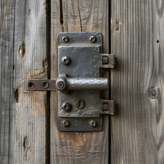 Fototapeta premium Close-Up View of a Vintage Metallic Latch Mechanism on a Weathered Wooden Door, Emphasizing the Contrast Between Metal Hardware and Natural Wood Grain
