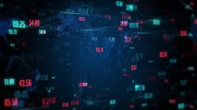 Trading chart showing numbers increase and decrease on different globe areas. Financial market, investment, economy analyzing concept. 4k