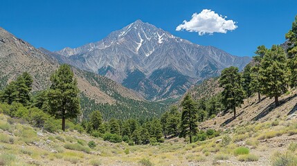 Fototapeta premium Majestic Mountain Vista: A Panoramic View of a Snow-Capped Peak Amidst a Lush, Green Valley