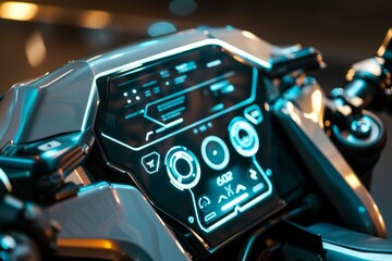 A futuristic vehicle dashboard with illuminated controls and a digital interface.