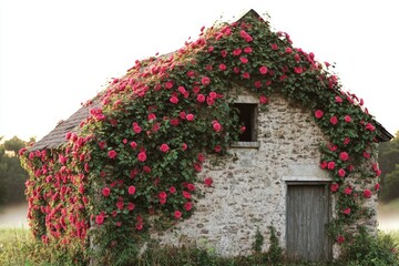 A rustic stone building completely covered in vibrant pink climbing roses, creating a picturesque scene.
