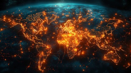 Global Digital Network: World Map with Illuminated Points Illustrating Global Connections and Activity Against a Dark, Night Sky-like Background