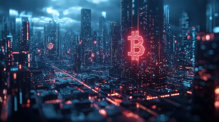 Futuristic City and Bitcoin: Large Bitcoin Symbol on Building in High-Tech City at Night, Illuminated by Orange and Red Lights