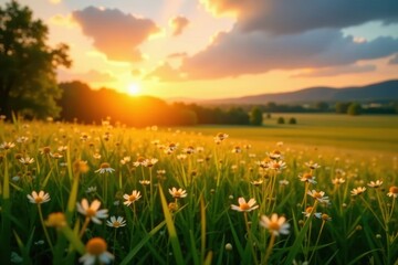 Golden hour light bathes lush meadow, blurred sunset , dreamy, botanical