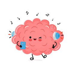Cute brain character enjoying music with headphones and phone