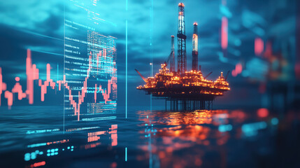 Massive Offshore Oil Platform Towering Above the Ocean with Blurred Background of Digital Graphs Displaying Fluctuating Global Oil Prices and Market Trends