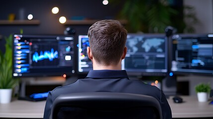 Man Working Late at Night on Multiple Computer Screens