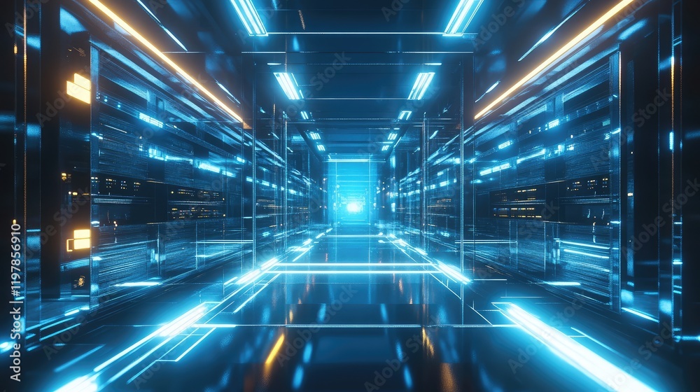 Poster a futuristic server room illuminated with vibrant blue lights and intricate reflections, showcasing 