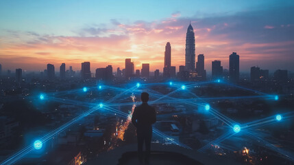 Abstract business man stands on the peak of success amid tall, innovative Smart city and graphs with statistics to analyze business potential and predict future developments in company growth.