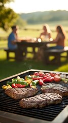 Fototapeta premium Summer barbecue with grilled steaks and vegetables in outdoor gathering