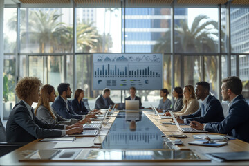 Obraz premium A group of people are sitting at a long table in a conference room