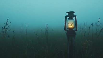 A glowing lantern hanging from a wooden post in a foggy meadow 