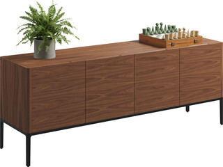 Perspective view of wooden sideboard with chessboard and fern