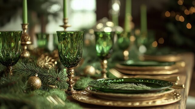 a table setting with green glassware and gold decorations