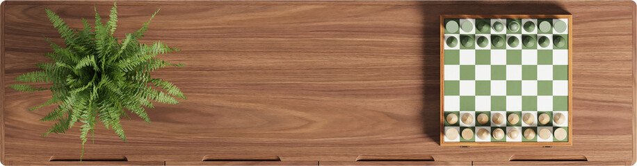 Top view of wooden sideboard with chessboard and fern