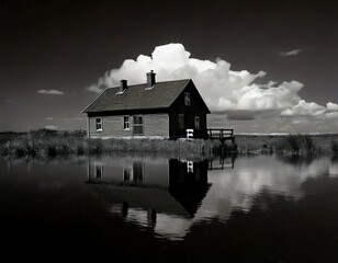 Obraz premium Old House in Moonlit Reflection: Serene Cloudy Night Over Peaceful Pond