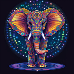 Obraz premium Mystical elephant with intricate mandala patterns and cosmic elements in vibrant psychedelic style
