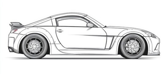 Sport Car Side View Contour Line Art Illustration, Car Design Sketch on White Background