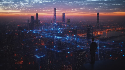 Naklejka premium Abstract business man stands on the peak of success amid tall, innovative Smart city and graphs with statistics to analyze business potential and predict future developments in company growth.