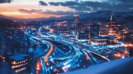 Obraz premium Abstract business man stands on the peak of success amid tall, innovative Smart city and graphs with statistics to analyze business potential and predict future developments in company growth.