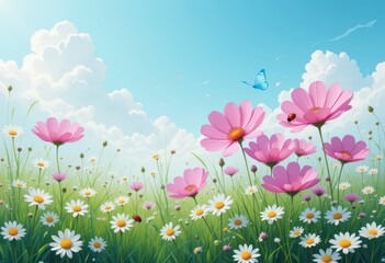Obraz premium Blooming pink and white flowers with a butterfly in a sunny meadow.