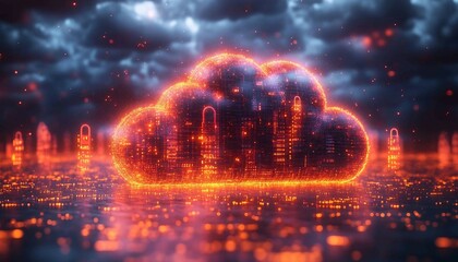 Obraz premium An abstract representation of a cloud-shaped data fortress, constructed from glowing digital locks, encrypted symbols, Cloud Data Fortress