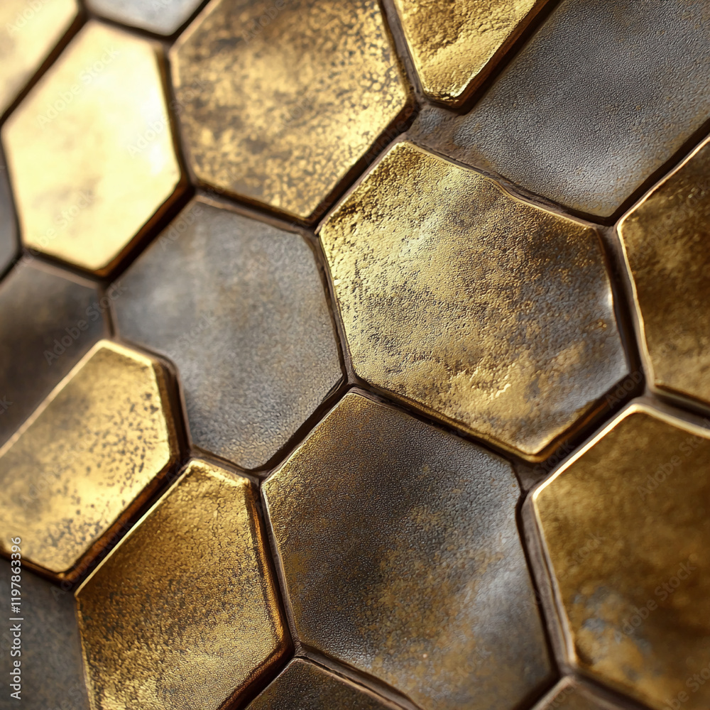 Poster Close-up of golden and black hexagonal tiles with textured surface