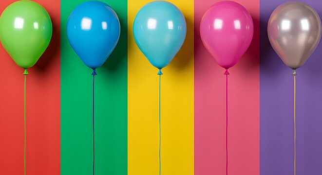 Multicolor balloon lineup on colorful backgrounds depicting festivity joy and celebration perfect for party decoration event promotion or cheerful design project
