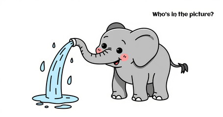 Cute cartoon elephant spraying water with trunk. 