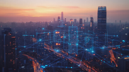 Fototapeta premium Abstract business man stands on the peak of success amid tall, innovative Smart city and graphs with statistics to analyze business potential and predict future developments in company growth.