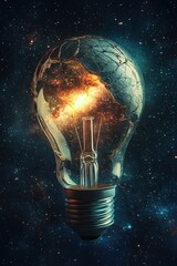 A surreal image of a cracked light bulb glowing with a vibrant galaxy inside, symbolizing infinite creativity, cosmic energy, and groundbreaking ideas