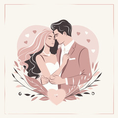  Happy Valentine's Day, Wedding Day, Family Day. Vector illustration in soft pastel colors, vintage style. Man and woman in each other's arms, symbolizing romance and tenderness. 