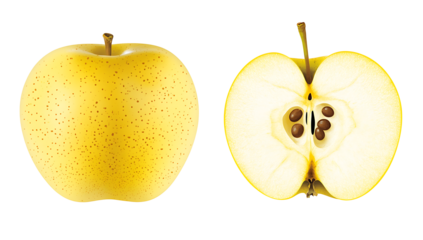 ripe yellow apple fruit and apple half isolated on white background PNG.AI GENERATED