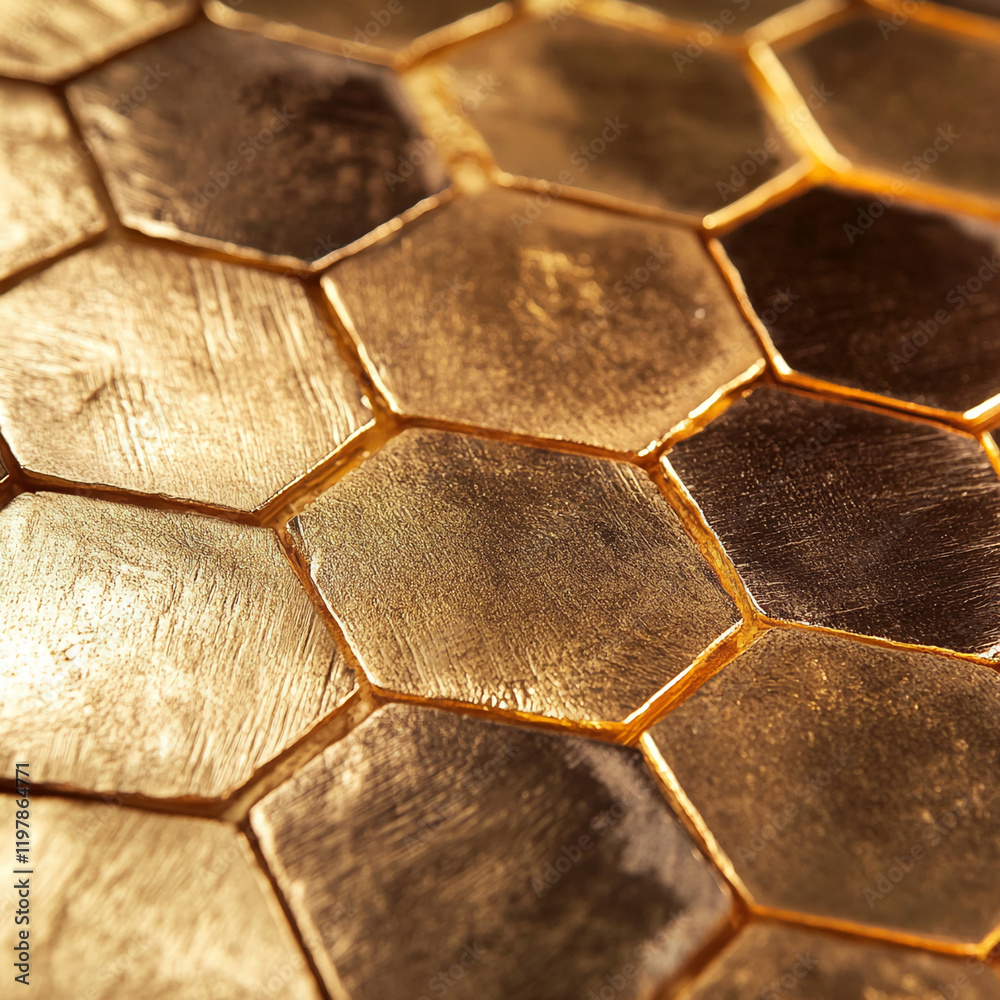 Aufkleber close-up of hexagonal gold and metallic tiles with a shiny surface