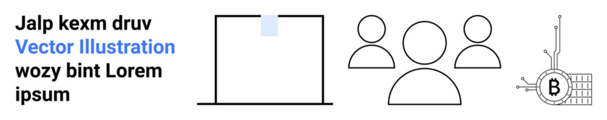 Abstract business scene with a laptop, three user icons, and a blockchain symbol. Ideal for business, technology, team collaboration, networking, digital security, marketing, and education. Landing