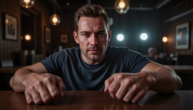 Angry man with clenched fists on bar counter at dimly lit night setting, reflecting frustration