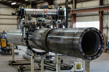 A large cylindrical component with robotic machinery in an industrial setting.