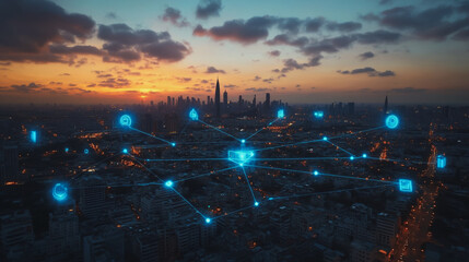 Fototapeta premium Abstract business man stands on the peak of success amid tall, innovative Smart city and graphs with statistics to analyze business potential and predict future developments in company growth.