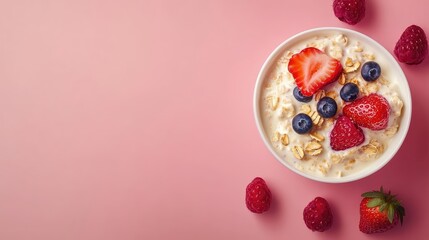 Minimalist flat lay with a yogurt bowl and fresh berries, healthy organic food concept.