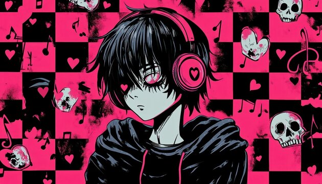 Anime character with headphones surrounded by hearts music notes and skulls on a checkered background