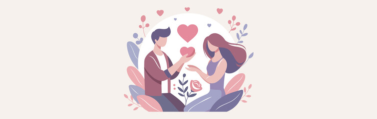 Valentine's Day, Family Day. Couple in love, man gives heart to woman, nature background. Vector flat illustration with space for text. For love sites, invitations, dating apps, posters, banners