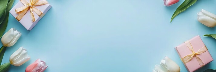 banner delicate tulips flowers border frame with small gift boxes on pastel blue background top view, beautiful floral template with copy space