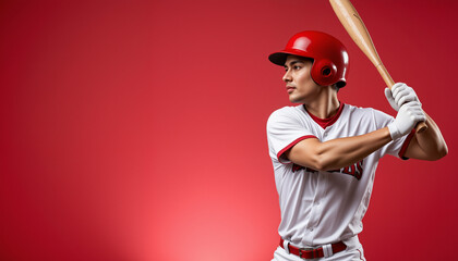 Baseball player preparing to swing bat with determination against a bright red background