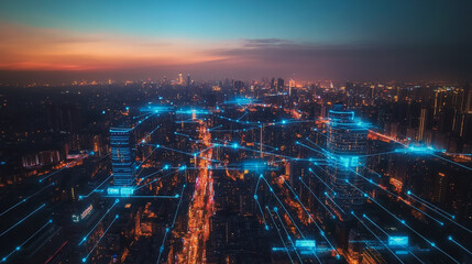 Fototapeta premium Abstract business man stands on the peak of success amid tall, innovative Smart city and graphs with statistics to analyze business potential and predict future developments in company growth.