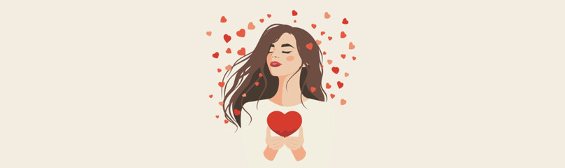 Young woman holding a heart in her hands against the background of small hearts. Happy International Women's Day. Warm color palette. Vector postcard in gentle tones with space for text for banner