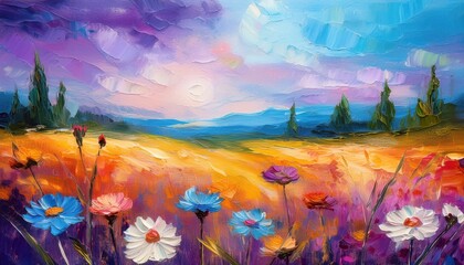 Vibrant SummerSpring Flower Field Scene A Stunning Oil Painting Showcasing Cornflowers and Daisies Amidst an Abundance of Blooms, Embracing the Spirit of Natures Blossoming Season.