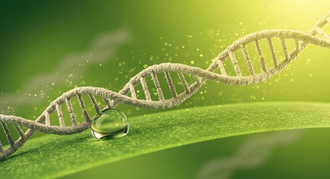 DNA structure visualization with organic theme, molecular biology representation, green background emphasizing environmental and genetic research, DNA double helix on a natural green surface - Powered by Adobe