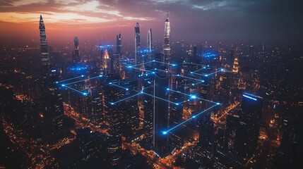 Obraz premium Abstract business man stands on the peak of success amid tall, innovative Smart city and graphs with statistics to analyze business potential and predict future developments in company growth.